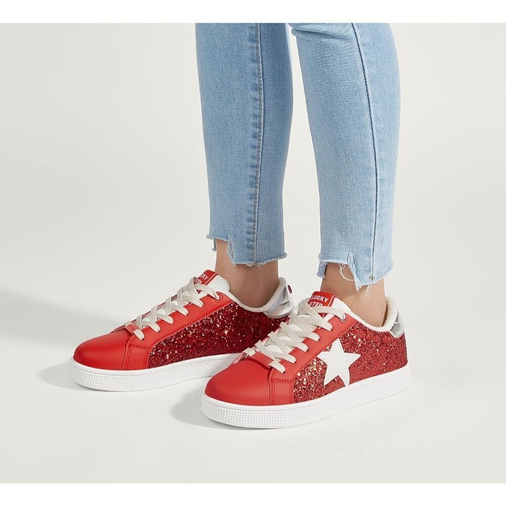 Women's Red Fashion Star Sneaker Lace Up Low Top Comfortable Cushioned Shoes - Picture 9 of 9